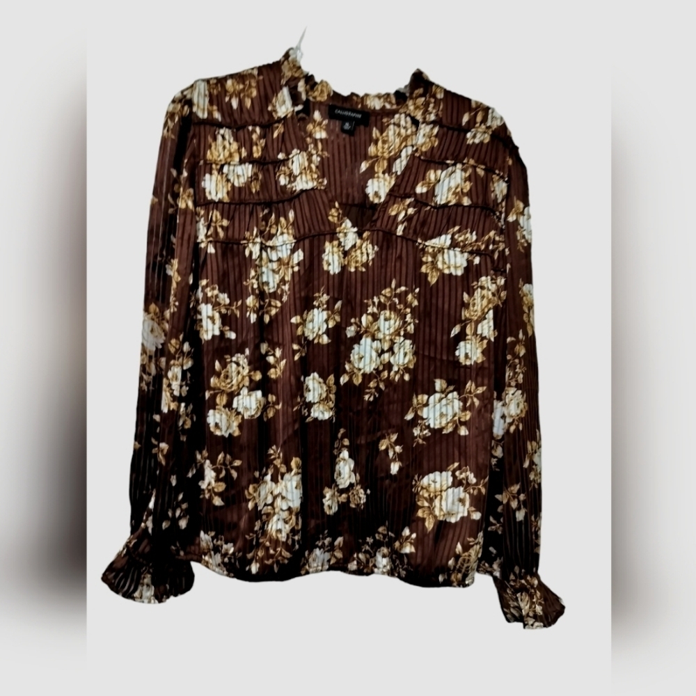 2537)Calligraphie Brown Floral  Print V Neck Ruffle Long Sleeve Pullover Top XL